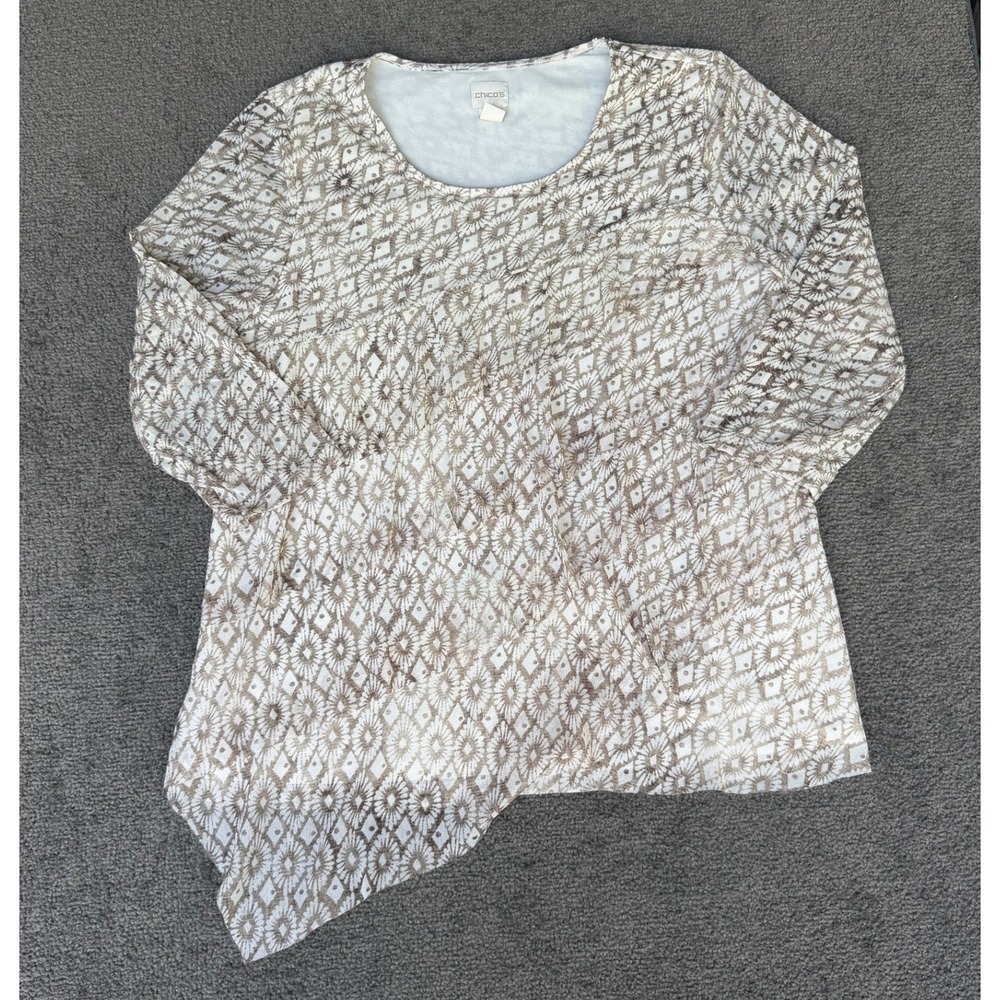 Chicos Mesh Tunic Top Size 3 XL Neutral Geometric Asymmetrical Hem 3/4 Sleeve